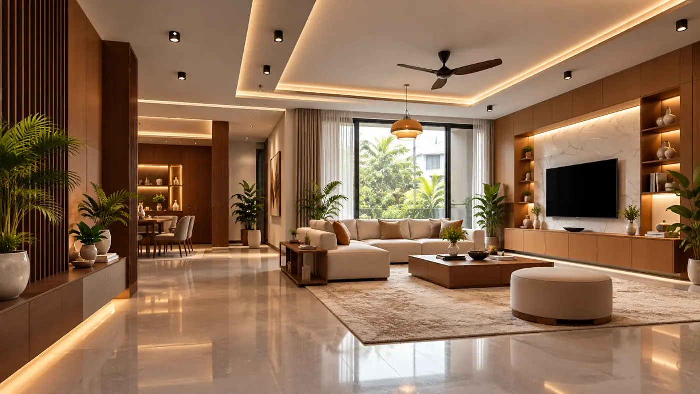 Contemporary living room concept with warm wood cabinetry, illuminated false ceiling and marble television wall